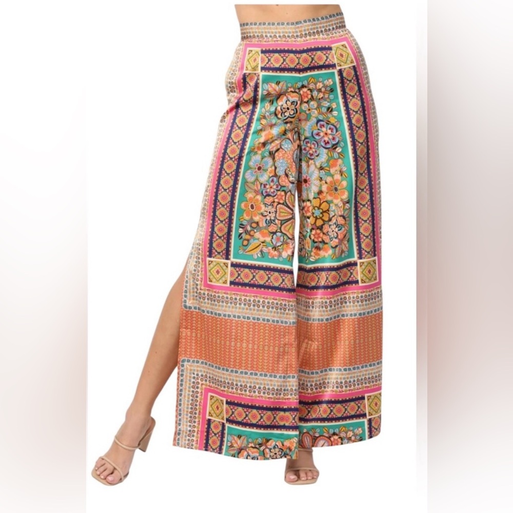 Fate Floral Scarf Print Wide Leg Palazzo Pants with Side Slit -Small